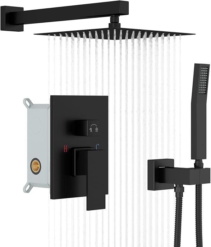 Rain Shower System - Lordear 10 Inch Rainfall Shower Head Faucet System Set Wall Mounted Matte Black Stainless Steel Square Shower Head with Handheld Combo, Brass Valve Included