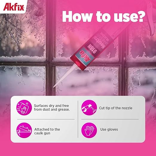 Akfix 918N White 100% Silicone Caulk for Kitchen and Bathroom (12x10.5 fl.oz.) - Solvent-Free, Low Odor, UV & Water Resistant, Fast Curing, Paintable, High Elasticity Silicone Sealant | White, 12 Pack