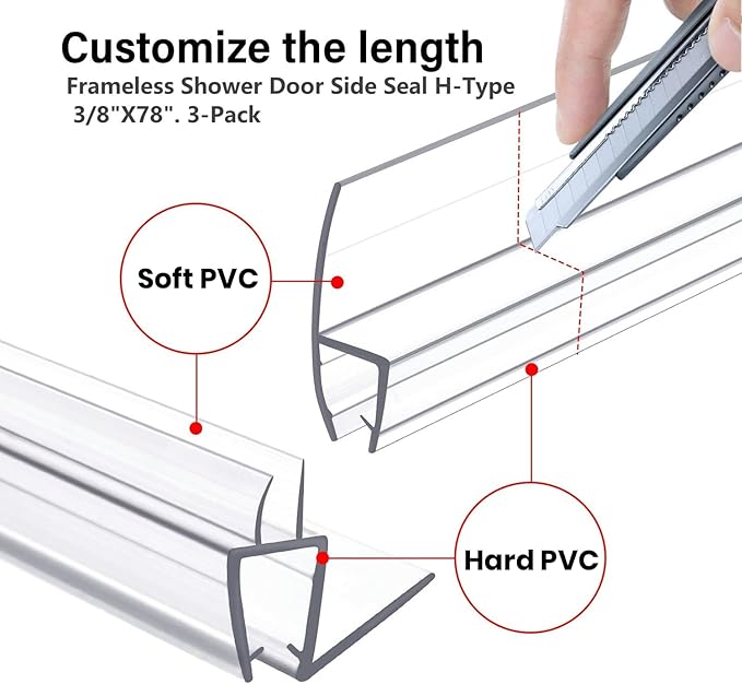 Shower Door Bottom&Side Seal Set 3PCS, 78" (1981mm) Length H-Type PVC Strip for 3/8" (10mm) Thick Frameless Glass Door, to Stop Water Leaks