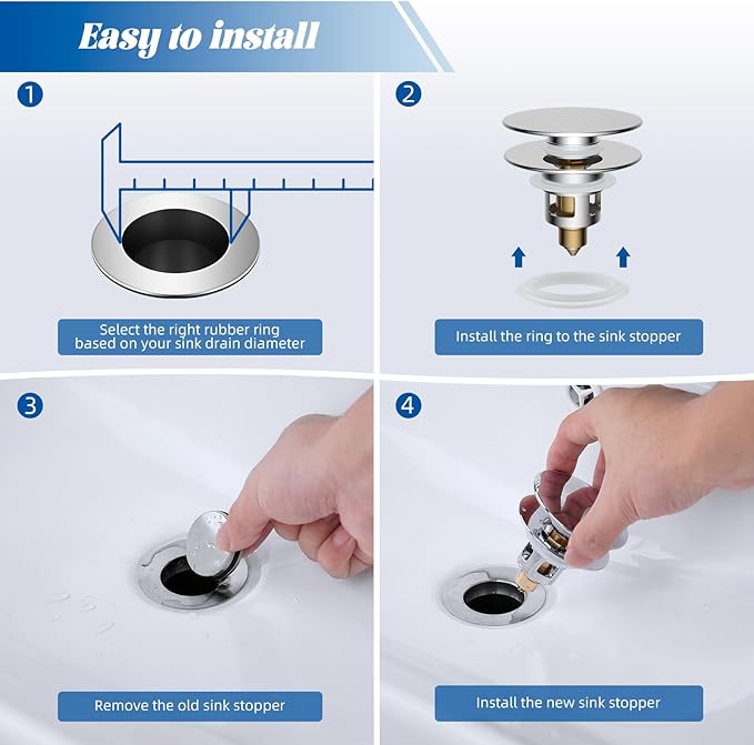 Hibbent 2 Pack All Metal Upgraded Bathroom Sink Stopper, Universal Pop Up Sink Drain Strainer, Brass Bullet Core Push Type Sink Stopper for 1.1''~2.3''' Basin, Anti Clogging Drain Filter, Chrome