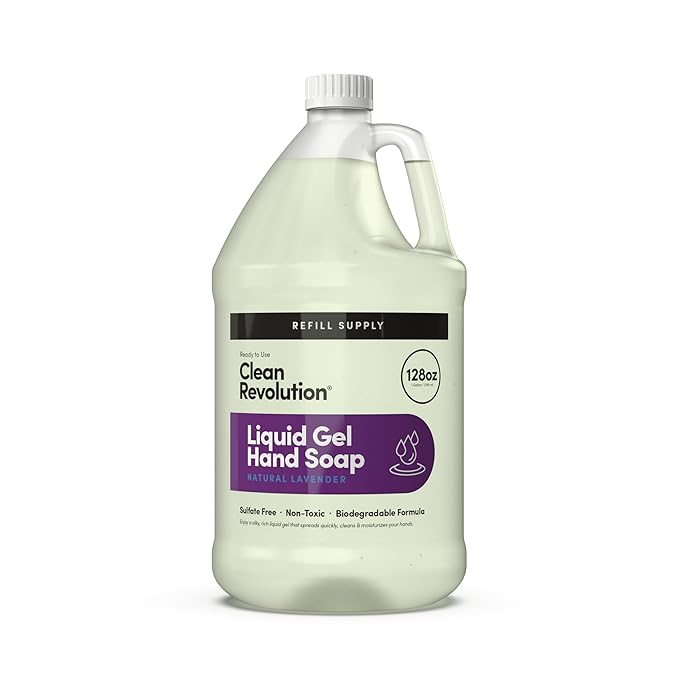Clean Revolution Liquid Gel Hand Soap, Silky Rich Liquid, Quick Lather, Fast Rinsing, Contains Real Essential Oils (Natural Lavender) 128 Fl Oz