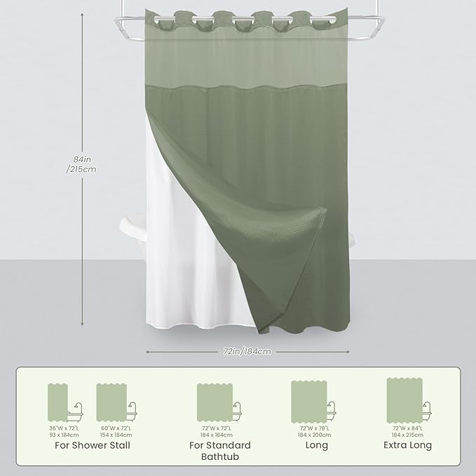 Inhousolu Extra Long No Hook Shower Curtain with Snap in Fabric Liner Set Waffle Weave 230GSM Weighted Hem, Waterproof & Washable Bathroom Curtain Spa with Mesh Top Window 72" W x 84" L Sage Green