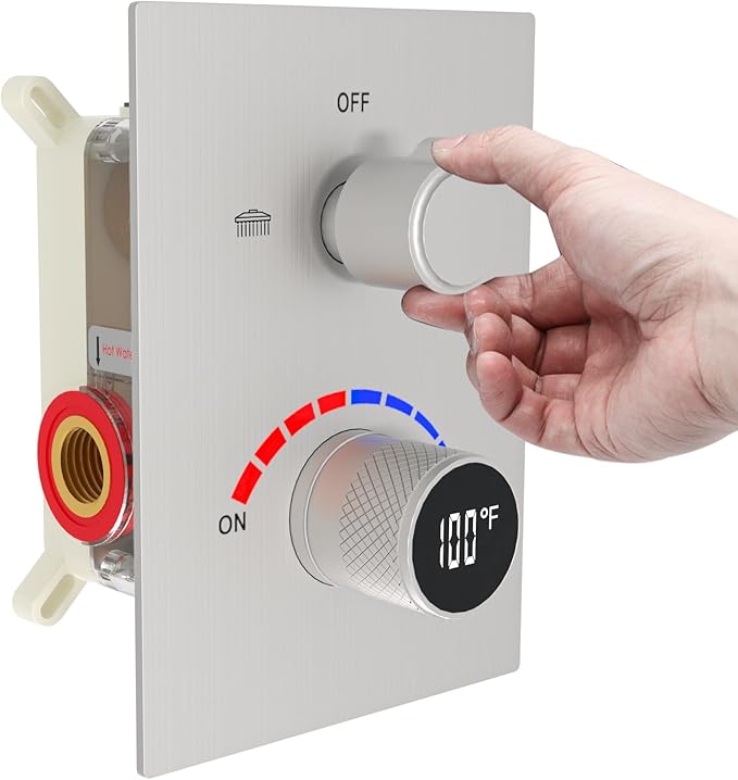Temperature Display 2 Way Shower Valve Brass Rough-in and Rectangle Trim Kit, Dual Function Digital Shower Mixer Valve, Brushed Nickel