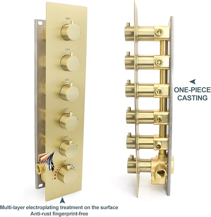 HOMEDEC Multi Function Shower Diverter Valve with Trim, 5 Port Concealed Brass Thermostatic Mixer Shower Control Valve Kit Replacement(5-Way, Brushed Gold)