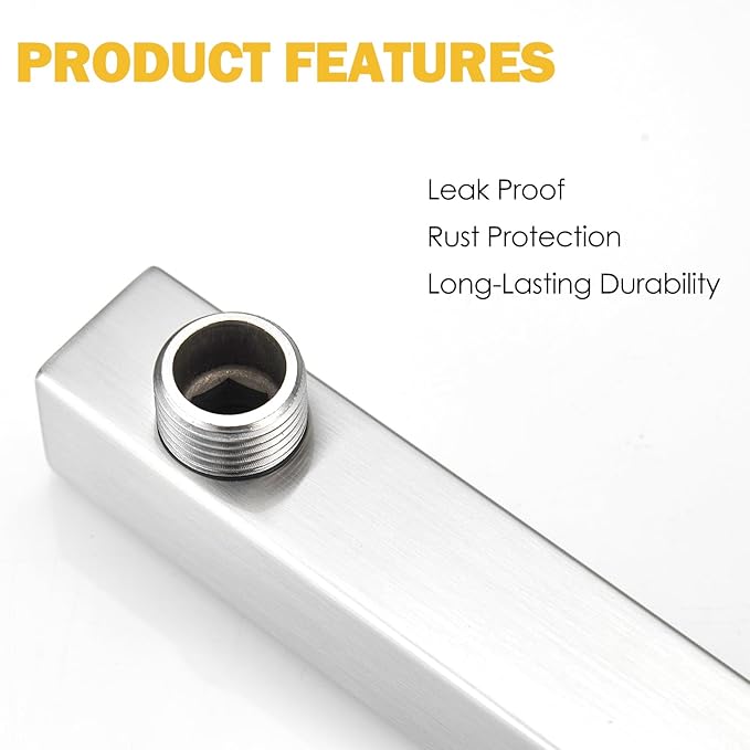 BESy 14 Inches Straight Extended Shower Arm With Flange, Rain Shower Head Extension Arms, Square Shower Rod Shower Head Extender Arm Shower Pipe Extension, Wall-Mounted Brushed Nickel Stainless Steel