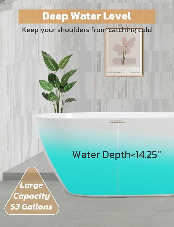 55" Sleek White Acrylic Freestanding Bathtub, Soaking Tub with Brushed Chrome Overflow and Drain