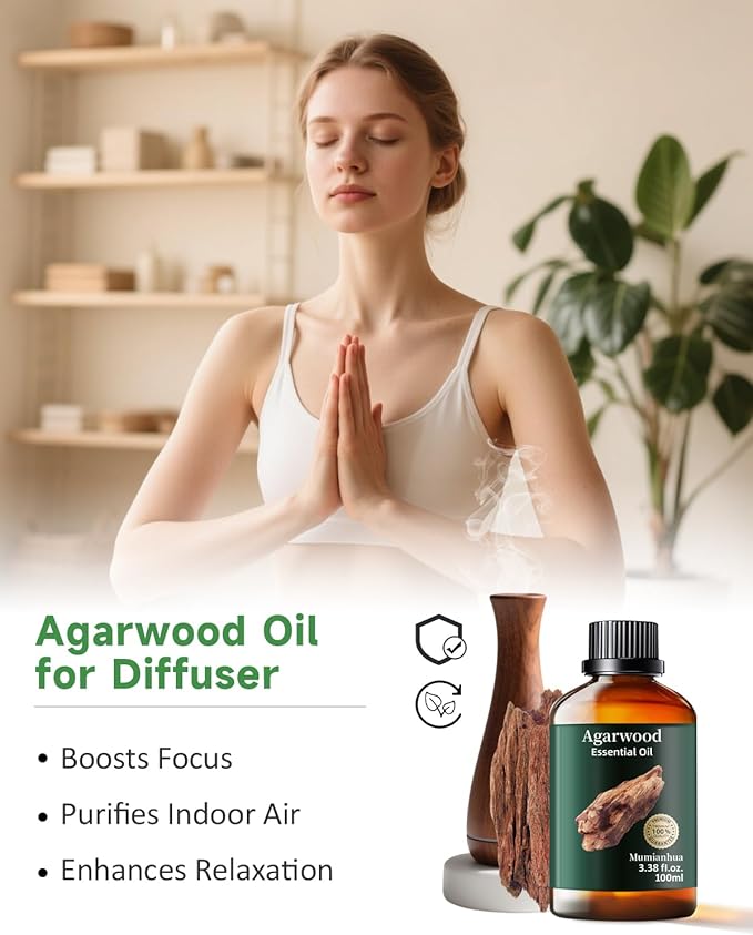 Agarwood Essential Oil, Mumianhua Natural Aromatherapy Agarwood Oil for Aromatherapy, Diffuser, Spray, Skin, Hair Care, Massage, Soap, Candle Making, Perfume 3.38 Fl Oz