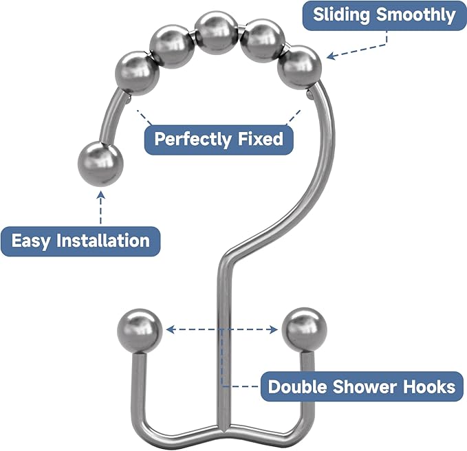 Titanker Shower Curtain Hooks Rings, Rust-Resistant Metal Double Glide Shower Hooks for Bathroom Shower Rods Curtains, Set of 12 Hooks - Chrome