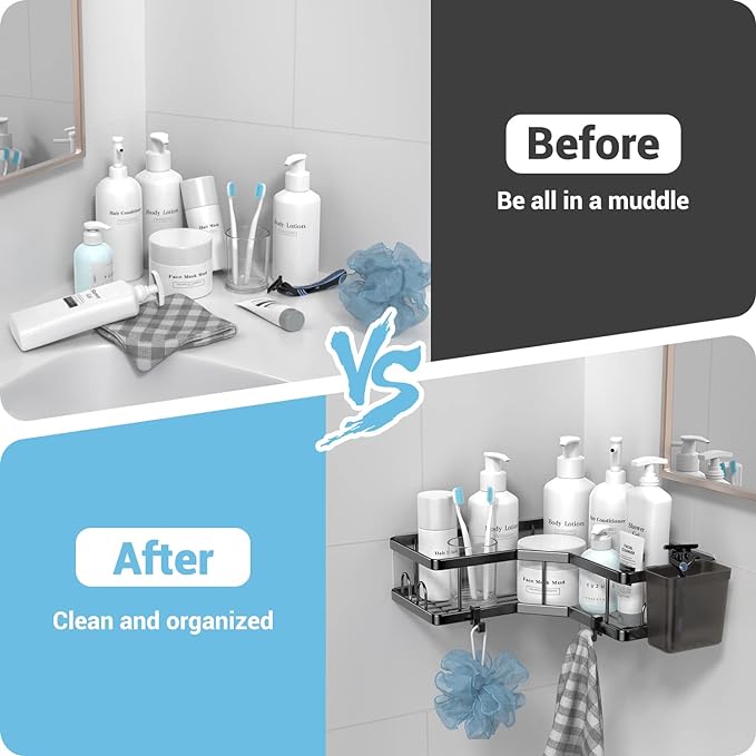 Corner Shower Caddy, 2 Pack Adhesive Shower Corner Organizer Shelves, No Drilling Stainless Steel Shower Storage Rack with Hooks&Toothpaste Holder for Bathroom Kitchen （for 90° Corners Only）