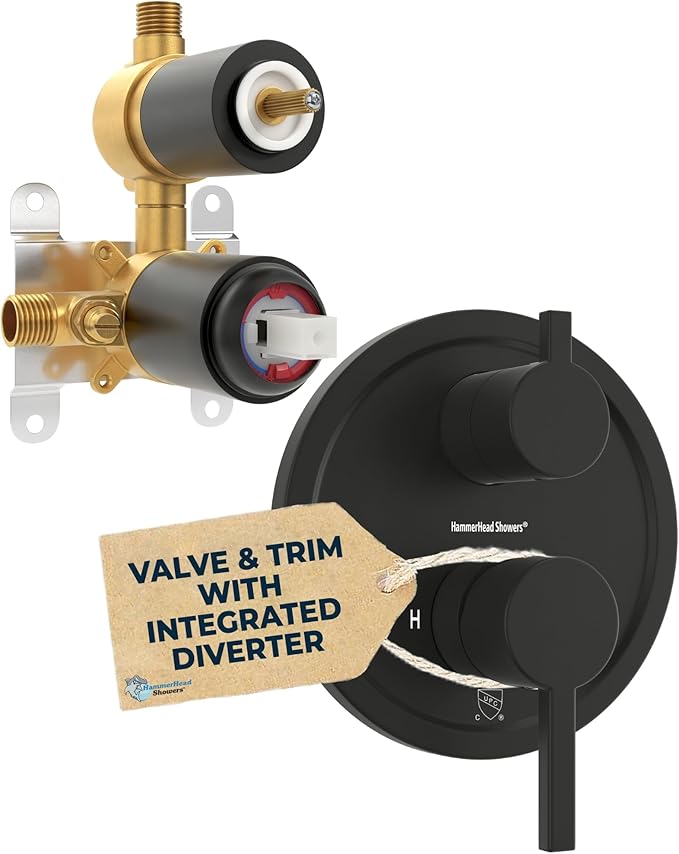 HammerHead Showers Solid Metal Two Handle Shower Valve and Trim Kit Matte Black, Diverts Water, Controls Volume and Temperature, Rough-In Shower Trim Kit with Valve and Pressure Balance Shower Valve