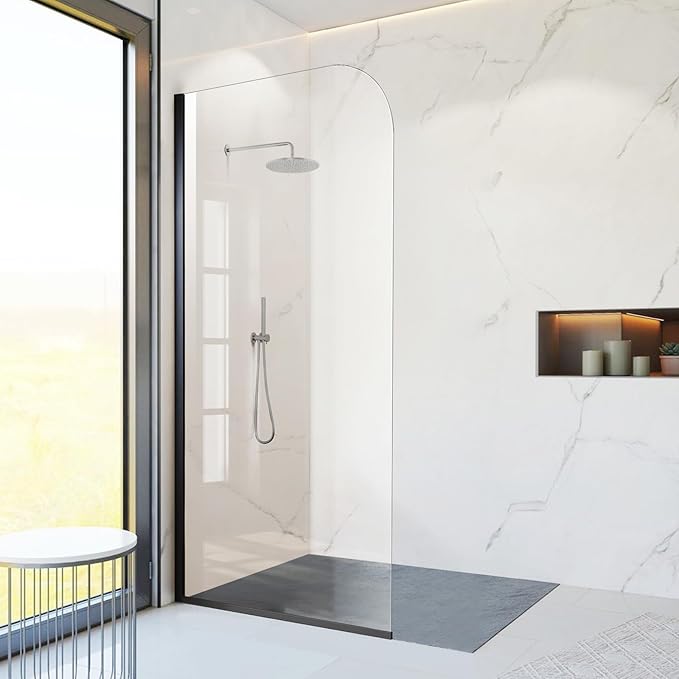 Glass Shower Panel, 34" W x 74" H Semi-Framed Fixed Shower Glass Panel in Matte Black with 5/16"(8mm) Clear Tempered Glass Door, Simple Shower Door Panel for Bathroom