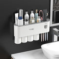 No-Drill Wall Mounted Toothbrush Holder, Bathroom Shelf, with Automatic Toothpaste Dispensers 4 Brush Hooks 4 Magnetic Cups 1 Cosmetic Drawer Organizer and Large Storage (1 Dispenser 4 Cups)