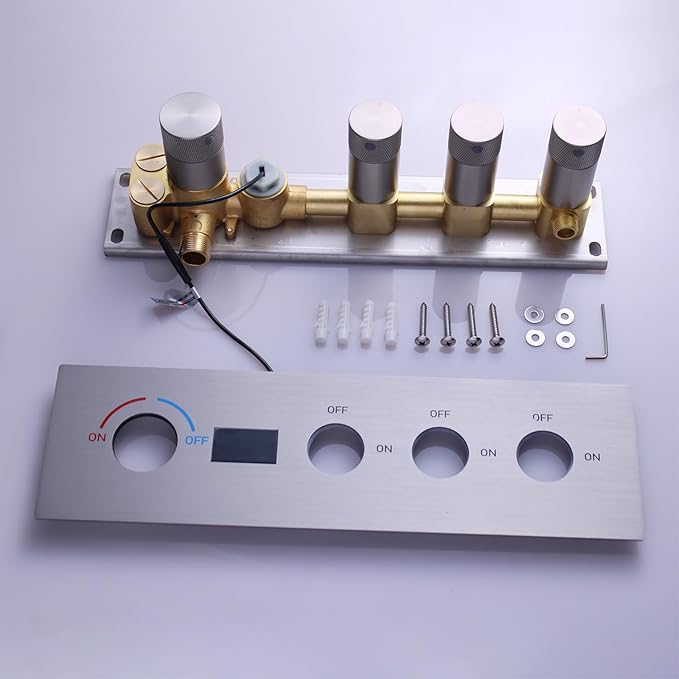 Triple Function Shower Diverter Valve Digital Display Shower Mixer Valve Kit Replacement Temperature Control Valve (Brushed Nickel)