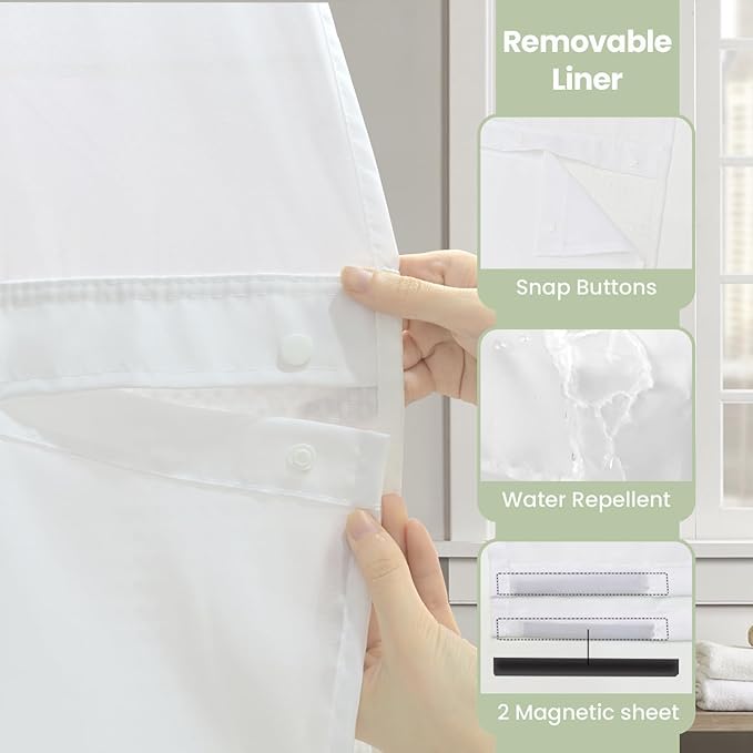 Inhousolu Stall No Hook Shower Curtain with Snap in Fabric Liner Set Waffle Weave 230GSM Weighted Hem, Waterproof & Washable Bathroom Curtain Spa Luxury with Mesh Top Window 36" W x 72" L White