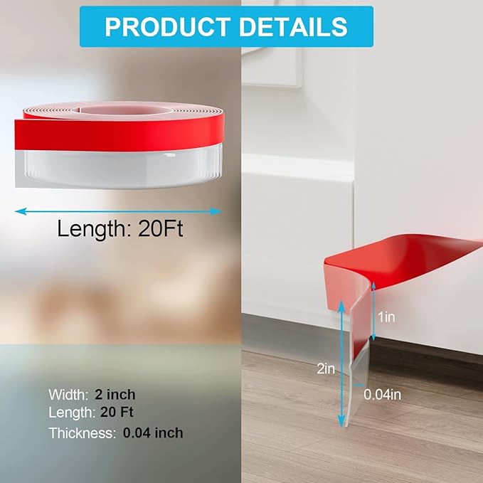 Weather Stripping Door Seal 20FT, 2 Inch Silicone Draft Stopper for Bottom of Door - Waterproof Gap Seal for Shower Door, Sliding Glass Door, Indoor & Outdoor Use