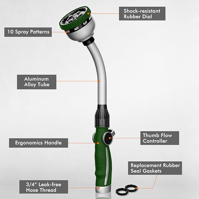 RESTMO Watering Wand Heavy Duty, Metal Garden Hose Wand with 10 Spray Patterns, 15-Inch Long Hose Nozzle Sprayer with Thumb Flow Control, Ideal to Water Hanging Baskets and Shrubs, Green