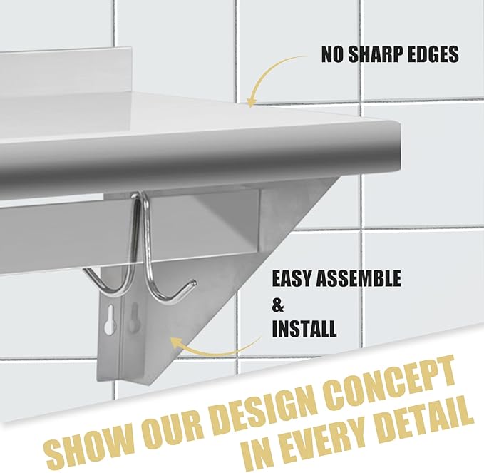 Hally Stainless Steel Shelf with 6 Hooks 18" x 36" Wall Mounted Pot Rack 350lb, NSF Commercial Floating Shelving for Storage Hanging Pots, Pans, cookware in Restaurant, Kitchen, Home and Hotel