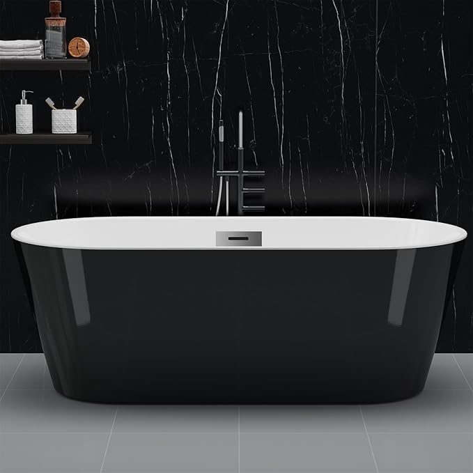 59 in Acrylic Freestanding Bathtub, Contemporary Stand Alone Tub,Black Soaking Tub, Oval Bathtub with Chrome Overflow and Drain, CUPC Certified
