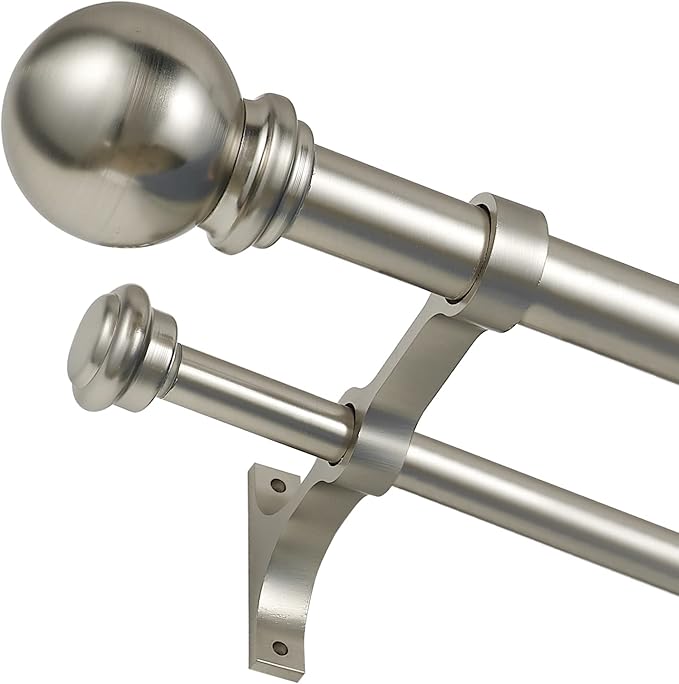 Double Curtain Rod 28 to 48 inch, Adjustable 1 inch Double Drapery Rod Rods for Windows and Doors with Ball Round Finials and Premium Aluminum Brackets Set (28-48",Brushed Nickel)