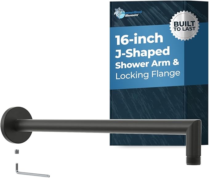 HammerHead Showers® Solid Metal 16 Inch Extended Shower Arm and Flange with Set Screw, Long Shower Arm, Extends Rain Shower Overhead, Wall-Mounted Rain Shower Arm, Matte Black