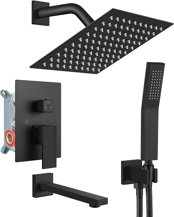 gotonovo Shower System with Tub Spout Wall Mounted Rain Shower Head and Handle Combo Shower Faucet Set with Valve, 8 Inch, Matte Black