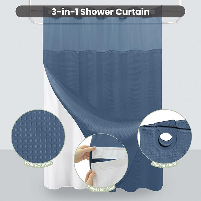 Inhousolu Long No Hook Shower Curtain with Snap in Fabric Liner Set Waffle Weave 230GSM Weighted Hem, Waterproof & Washable Bathroom Curtain Spa Luxury with Mesh Top Window 72"W x 78"L Moonlight Blue