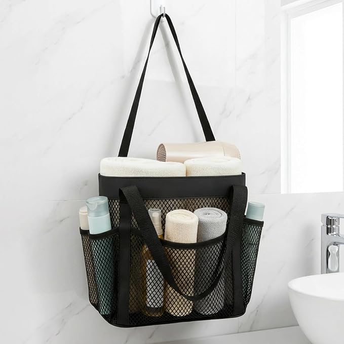 YASONIC Mesh Shower Caddy Portable for Dorm College Room Essentials, 8-Pocket Large Shower Bag with Double Handles, Hanging Shower Basket for Beach, Swimming, Bathroom, Beach, Camp, Gym, Black