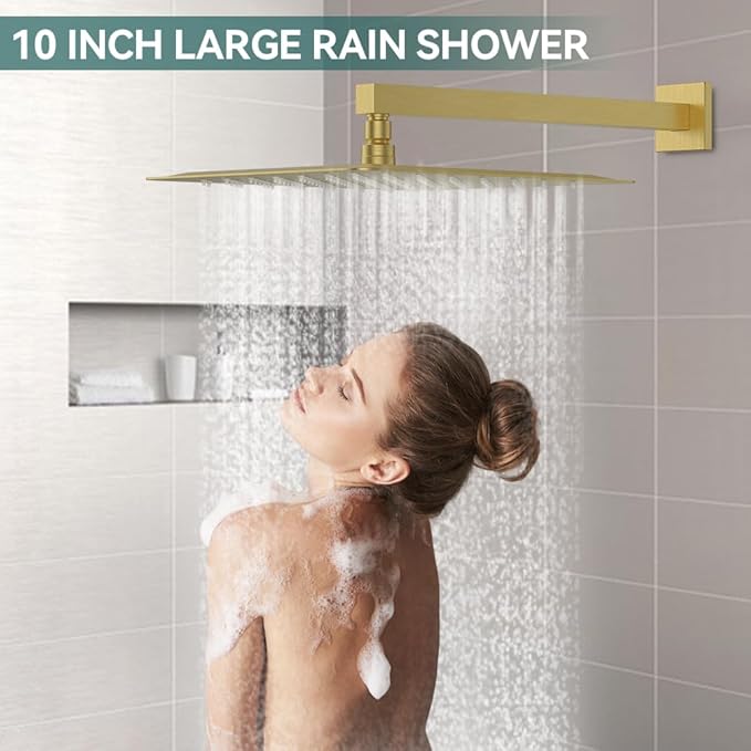 Shower Faucet Set Brushed Gold Shower System, Starbath 10" Rain Shower Head and Handheld Spray Shower Set Complete Wall Mounted,2 Way Pressure Balance Shower Valve and Trim Kit Included