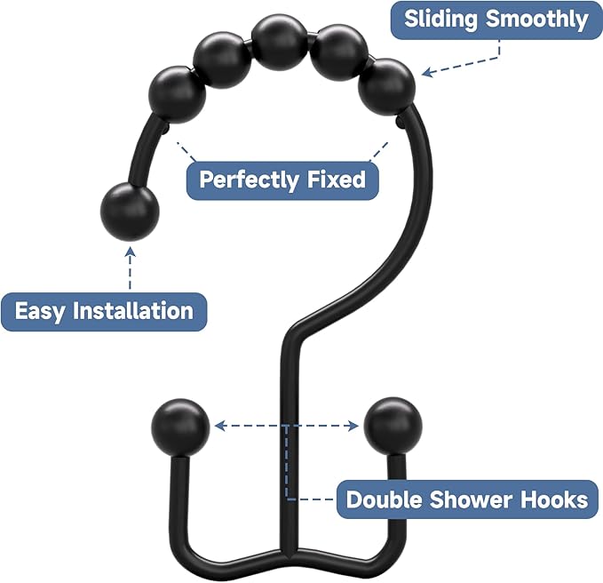 Titanker Shower Curtain Hooks Rings, Rust Resistant Metal Double Glide Shower Hooks Rings for Bathroom Shower Rods Curtains, Set of 24 Hooks - Black