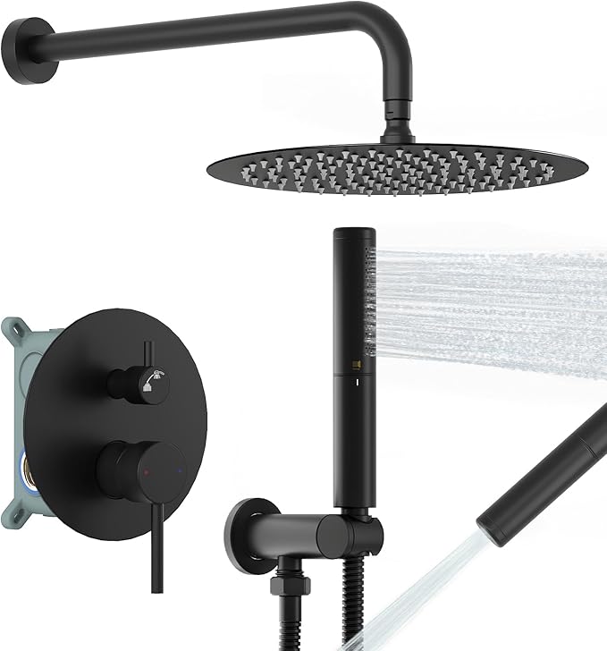 BESy Shower System with 10 Inch Round Rain Shower Head and Handheld Wall Mounted, High Pressure Rainfall Heads Shower Faucet Fixture Combo Set with 2 in 1 Spray Showerhead for Bathroom, Matte Black
