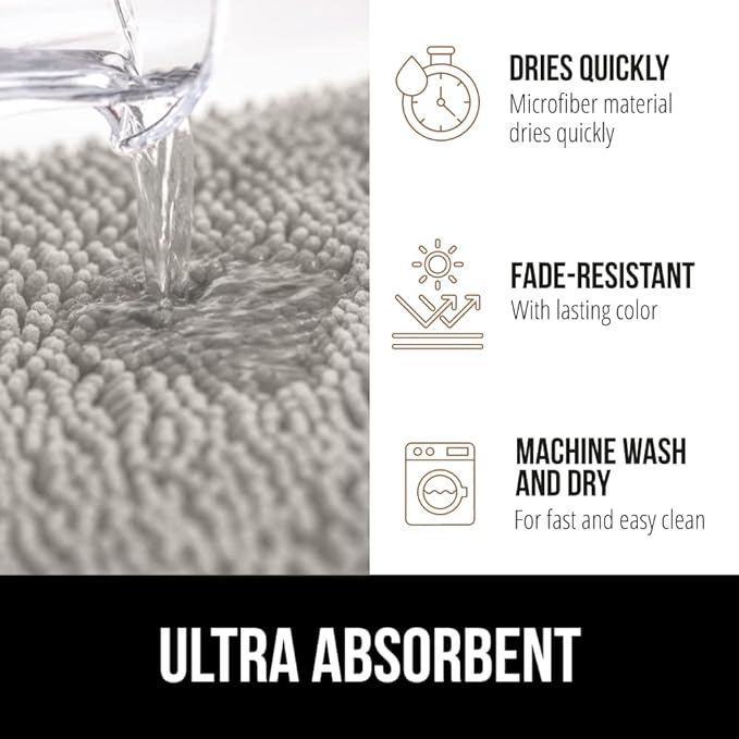 GORILLA GRIP Bath Rug Mat 30x20, Soft Absorbent Chenille, Quick Dry Microfiber Mats, Rubber Backing Washable Shower Floor Rugs, Bathmat Runner, US Designed Bathroom Home Decor Accessories Light Gray