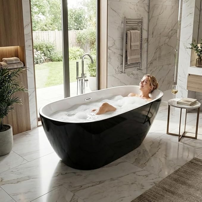 Bathtub with Upturned Ends, CUPC Chrome Drain and Overflow, White Interior and Black Exterior, Built-in Overflow, Fiber-Coated Fixing Bracket