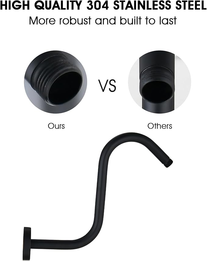Shower Head Arm 10 Inch Matte Black, S Shaped Shower Head Extender Arm with Flange and Stabilizer