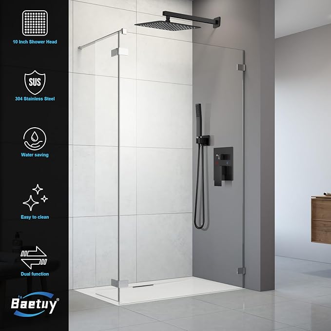 Black Shower System, Shower Faucet Set Bathroom Square Rain Shower Head and Handle Set, Wall Mounted Shower Fixtures With Shower Valve and Trim Kit 10 inch Matte Black