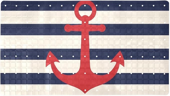 Bathtub Mats for Shower Tub, Anti-Slip Bath Mats for Inside Tub, Bathroom Shower Mats with Drain Holes and Suction Cups (Red Anchor on Navy Blue Stripes Background)
