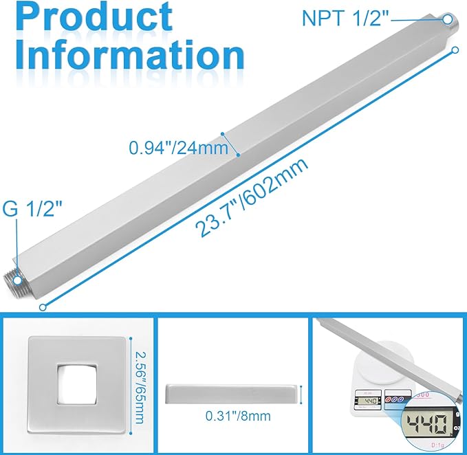 Shower Arm with Flange 24 Inches Ceiling Mount Square Straight Extender Extension Pipe Replacement, Extra Long Shower Arm For Fixed Rain Shower Head or High Ceiling, Brushed Nickel