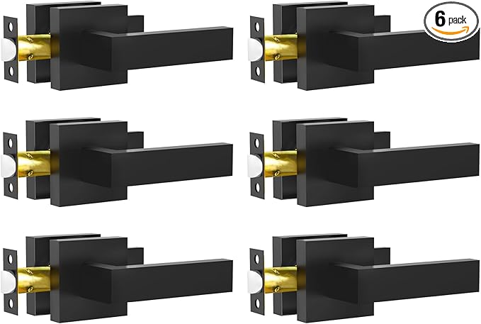 Passage Door Lever, 6 Pack Matte Black Interior Door Handles for Hallway and Closet, Heavy Duty Square Interior Keyless Door Handles Non-Locking Door Knobs for Right & Left Side Door