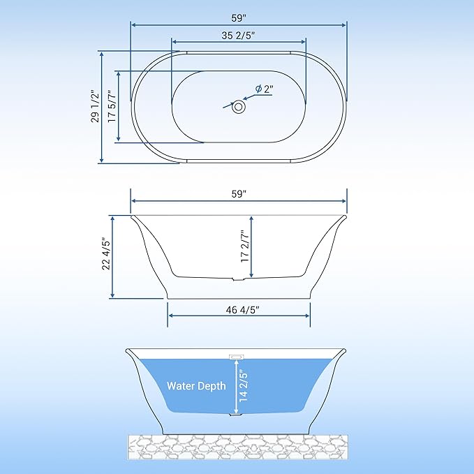 Freestanding Bathtub, 59 Inch Acrylic Soaking Tub, Elliptical Design with Chrome Drain & Overflow, White Finish for Contemporary Bathrooms