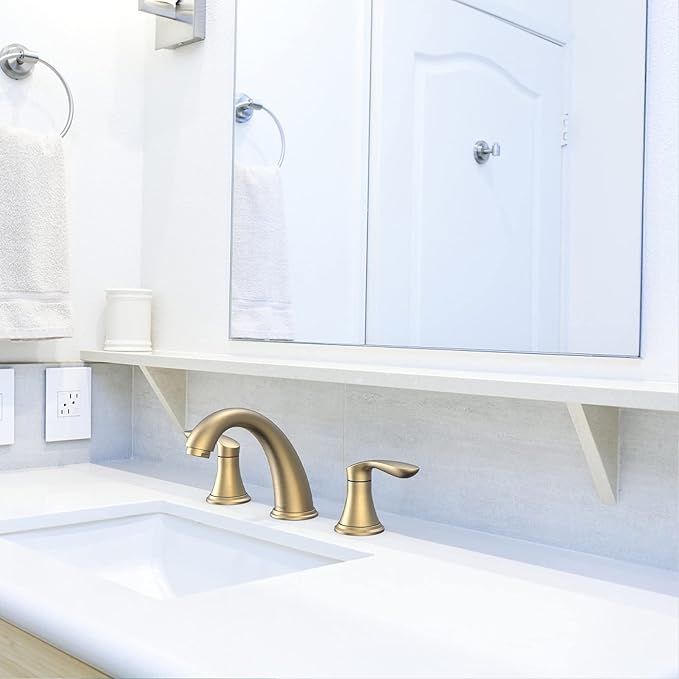 Bathroom Sink Faucet, Dual Handle Widespread Bathroom Faucet 3-Hole Design with Brushed Gold Finish, Includes Pop-Up Drain and cUPC Certified Lead-Free Hoses (Brushed Gold)