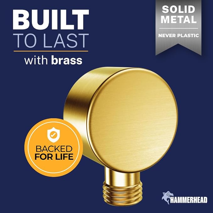 HammerHead Showers Solid Metal Drop Ell Wall Mount Elbow, 1/2" Shower Hose Connector, Round Handheld Shower Head Elbow Adapter, Shower Drop, Brushed Gold