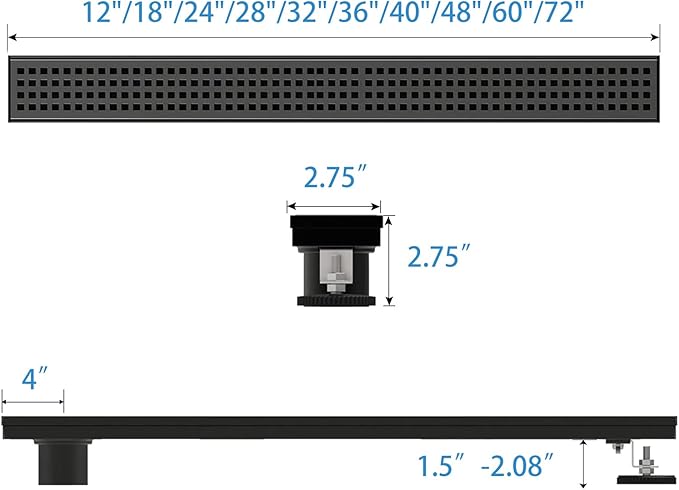 Offset Linear Shower Drain, Matte Black Shower Drain 24 inch with Removable Grate Cover, Brushed 304 Stainless Steel Side Outlet Black Shower Floor Drain with Hair Catcher and Leveling Feet