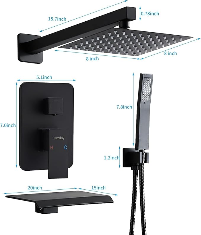 8 inch Matte Black Shower System with Tub Spout, Shower Faucet Set with Rain Shower Head and Handheld 3-Setting, Waterfall Bathtub Spout Rainfall Shower Combo Set for Bathroom Wall Mounted