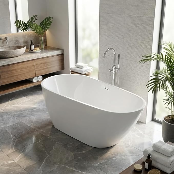 67" Freestanding Acrylic Bathtub, Deep Soaking Tub with Non-Slip Base & Chrome Drain, cUPC Certified, White Pearl