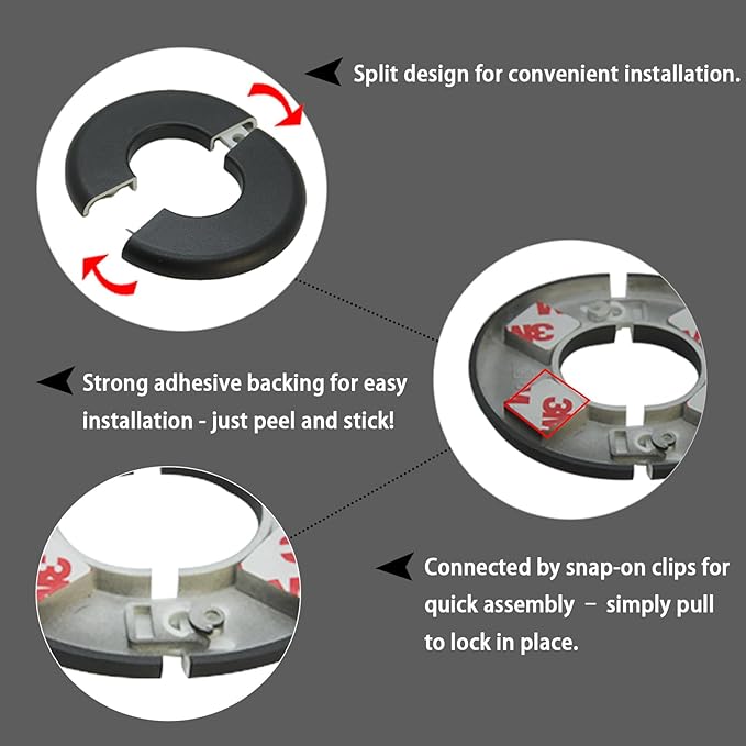 Wall Split Flange 1 Piece, Pipe Cover Decoration Fit 1.3 inch Outer Diameter Pipe, ABS Round Self-Adhesive Escutcheon Plate, Buckles Design Split Plumbing Cover Plates, Black (33mm)