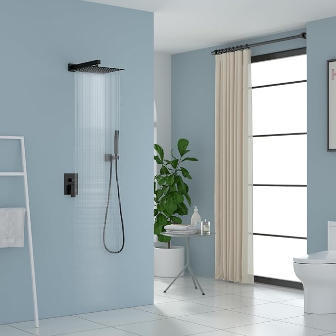 Rain Shower System - Lordear 10 Inch Rainfall Shower Head Faucet System Set Wall Mounted Matte Black Stainless Steel Square Shower Head with Handheld Combo, Brass Valve Included