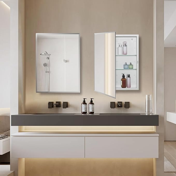 Bathroom Medicine Cabinet with Beveled Edge Mirrored Door 14 x 18 inch, Recessed or Surface Mount, with Adjustable Glass Shelves