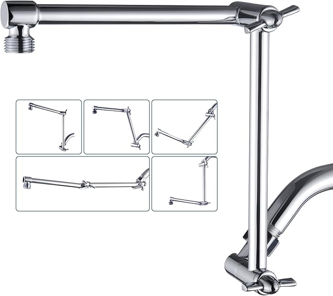 BRIGHT SHOWERS Brass Shower Arm Extender for Rain and Handheld Shower Head, 14 Inch Universal Shower Head Extension Arm, Adjustable Height & Angle, Chrome