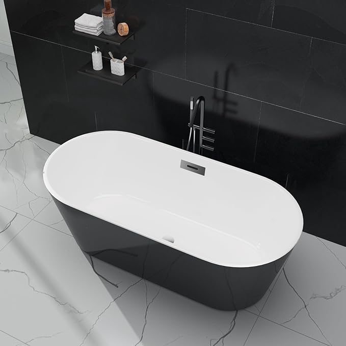 Freestanding Bathtubs 59 Inch Acrylic Free Standing Tub for Modern Bathroom Remodel, Deep Soaking Freestanding Tub with Integrated Overflow & Chrome Drain, Black & White Stand Alone Bathtub
