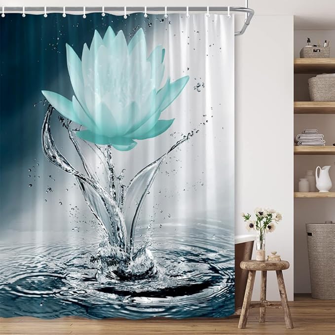 Lotus Shower Curtain Black White Blue Teal Flower Elegant Blooming Floral with Dew Spring Flower Reflection on Water Modern Romantic Polyester Fabric Bathroom Decor 70×90 Inch with Hook