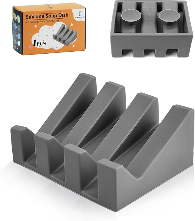 Silicone Soap Dish with Drain, Upgrade Double Suction Cups at The Bottom for Anti-Slip and Stability, Soap Dish Shower Waterfall Bar Soap Holder Tray with Drain Soap Holder (1, Grey)
